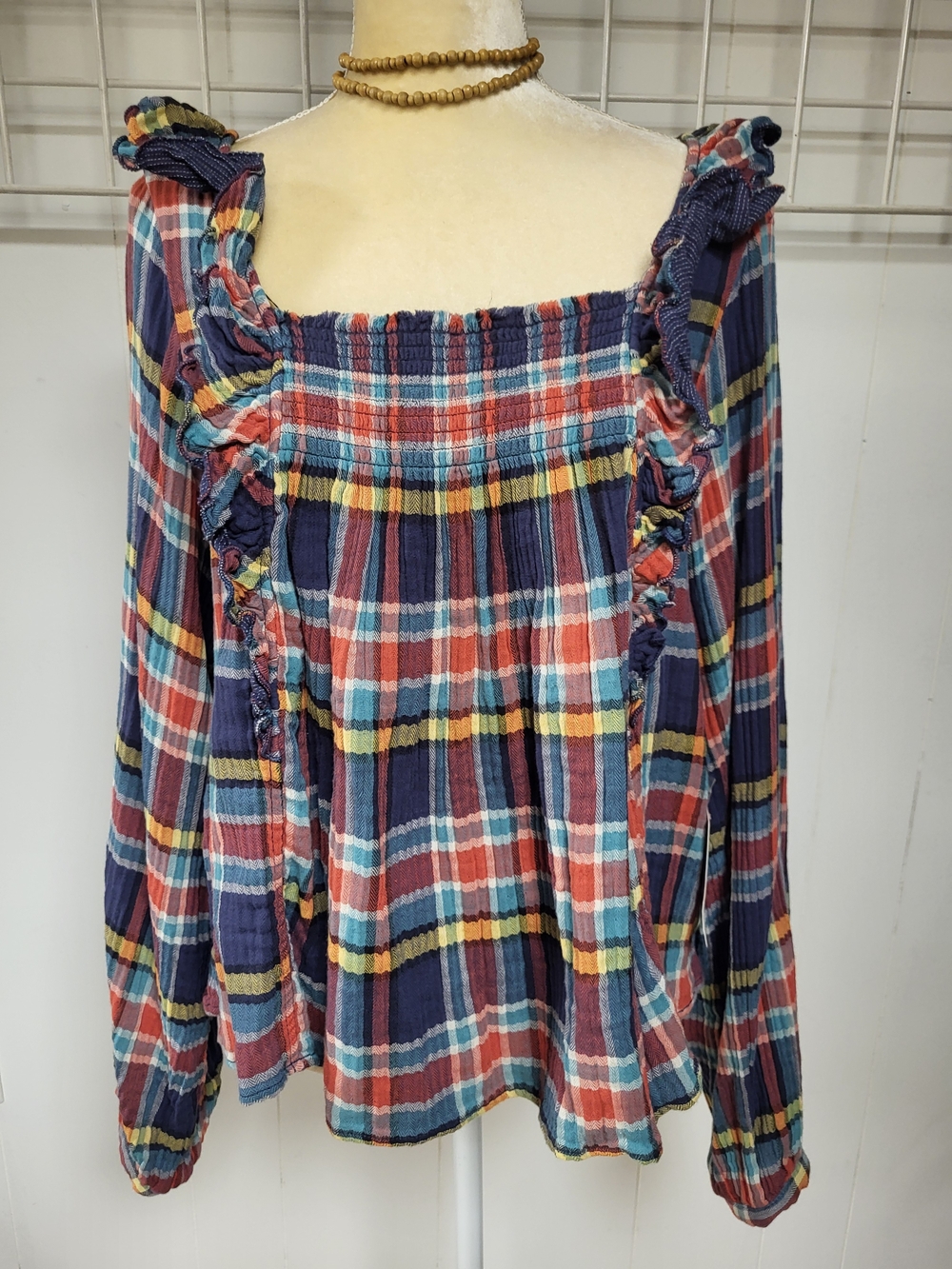 Nwt, We The Free Smocked Square-Neck Plaid Top - Navy, Rust & Yellow, L